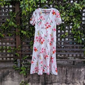 Zara Floral Midi Dress - White with Red and Pink Accents